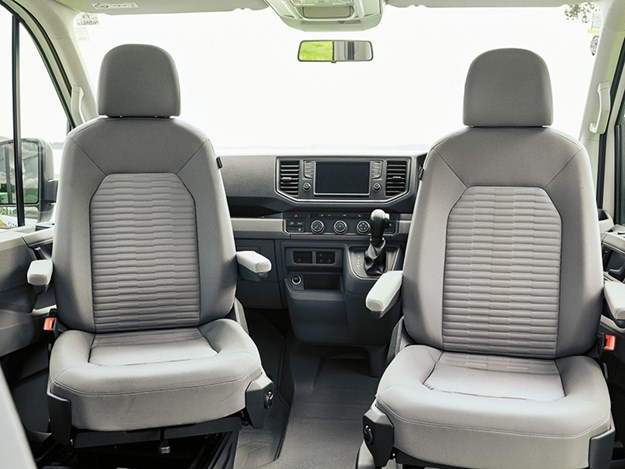 The front seats fully swivel to face the living area