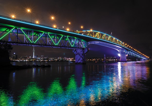 Auckland Harbour Bridge lit up at night