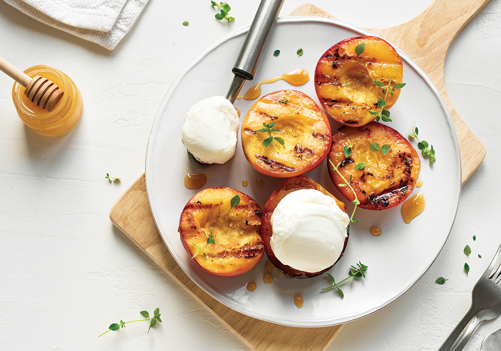 Honey grilled peaches with ice cream